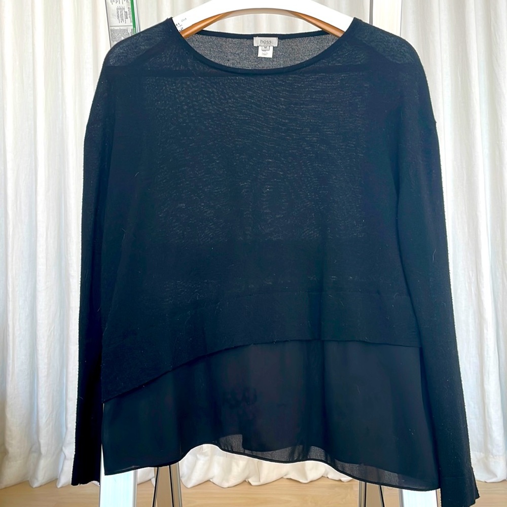 Hoss Long Sleeve Black Knit Top with Black Voil